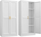 Kitchen Pantry Cabinet,60”White Metal Pantry Storage Cabinet with Doors and 4 Adjustable Shelves,Kitchen Cabinet with 2 Gold Handles,Tall Cabinets for Livingroom, Bathroom