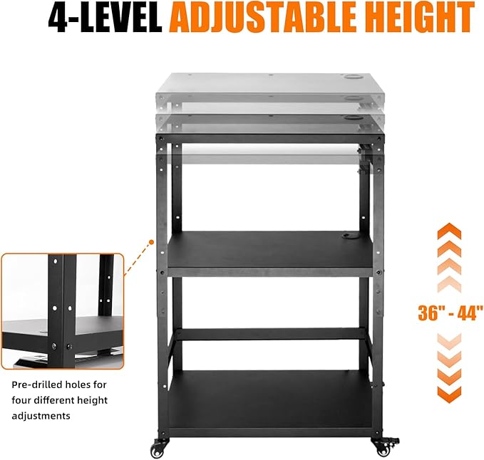 AV Cart with Monitor Mount, Height Adjustable Media Cart with Wheels and Power Strip, Rolling Workstation for Office, Classroom & Warehouse, Steel Presentation Stand for Projector, Laptop & Printer