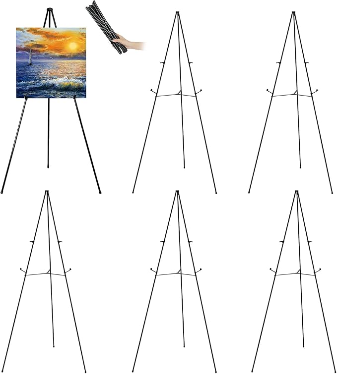 63" Tall Display Easel Stand for Wedding Sign Poster, Foldable and Adjustable Floor Metal Easels for Display Painting Arts,with Portable Bag,Holds 5 LBS (Black,6Pack)