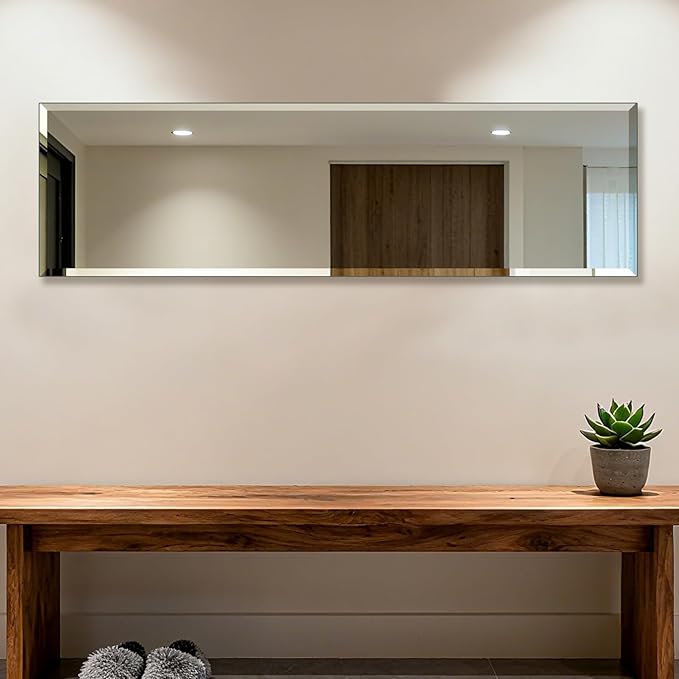 Ruomeng Frameless Full Length Mirror for Wall, 48x14 Inch Bathroom Vanity Mirror Farmhouse, Large Rectangle Mirror with Beveled Edge, Tempered Glass, Hangs Horizontally or Vertically
