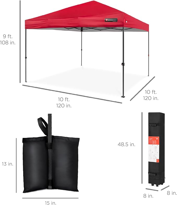 Best Choice Products 10x10ft 1-Person Setup Pop Up Canopy Tent Instant Portable Shelter w/ 1-Button Push, Case, 4 Weight Bags - Red
