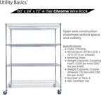 NSF Commercial 4-Tier Wire Shelving with Wheels, 60"x24"x72" Heavy Duty Metal Shelves 3200 lbs Max Capacity, Chrome Storage Rack for Garage Kitchen Pantry Warehouse