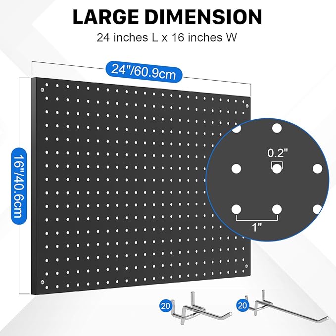 Peg Board, 4 Pack Metal Pegboard Panels Black Pegboards Wall Organizer with Frame Large Heavy Duty Peg Board with Hooks for Walls Home, Garage Tool Storage, Office, Craft Room, Kitchen 24”×16”