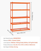 VEVOR Storage Shelves, 2500 lbs, 5 Tier Heavy Duty Garage Shelving, 18" D x 48" W x 72" H Adjustable Metal Shelves for Industrial Shelving Unit Utility Shelf, for Kitchen, Warehouse, Basement, Orange