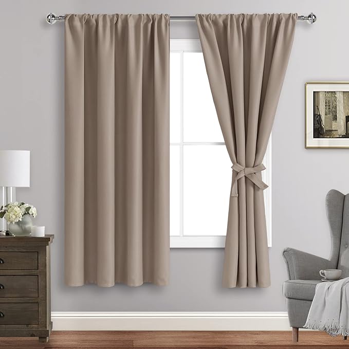 JIUZHEN Blackout Curtains for Bedroom - Thermal Insulated Room Darkening Rod Pocket Curtains for Living Room, Set of 2 Panels with Tiebacks, 38 x 63 Inch Length, Camel