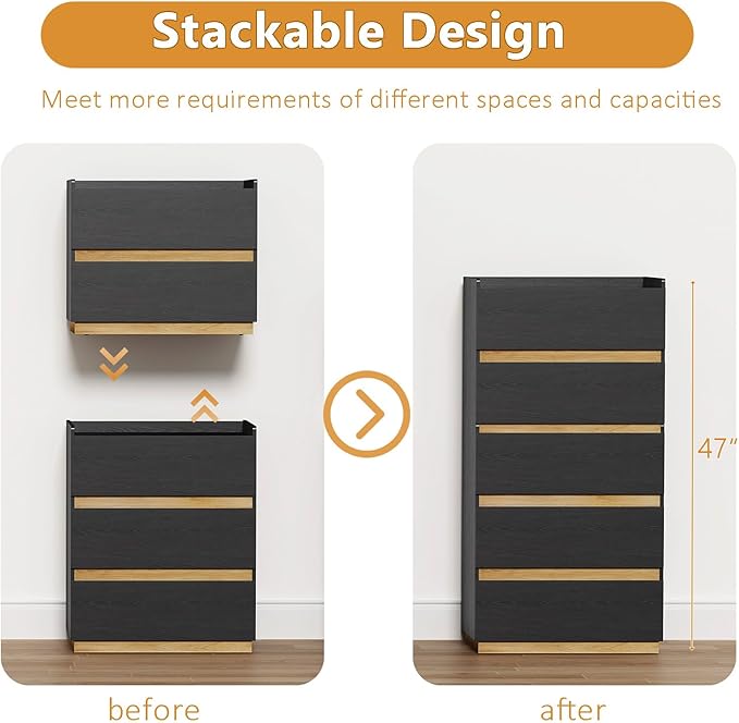 Large Modern Nightstand Black Bedside Table, 3 Drawer Dresser Wood Stackable Storage Drawers for Clothes for Closet, Bedroom, 24"x16"x29"
