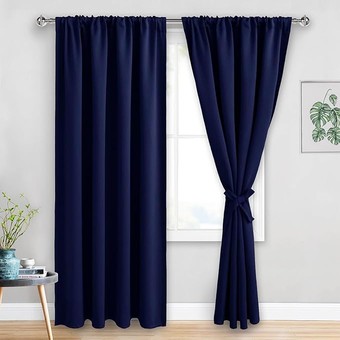 JIUZHEN Blackout Curtains for Bedroom - Thermal Insulated Room Darkening Rod Pocket Curtains for Living Room, Set of 2 Panels with Tiebacks, 52 x 96 Inch Length, Navy Blue