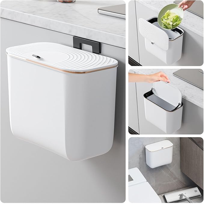 1.9 Gallon Hanging Trash Can - Small Under Sink Trash Can with Lid, Wall Mounted Garbage Bin for Kitchen & Bathroom Cupboard, Odor-Control, Extended Clamping Ring, White