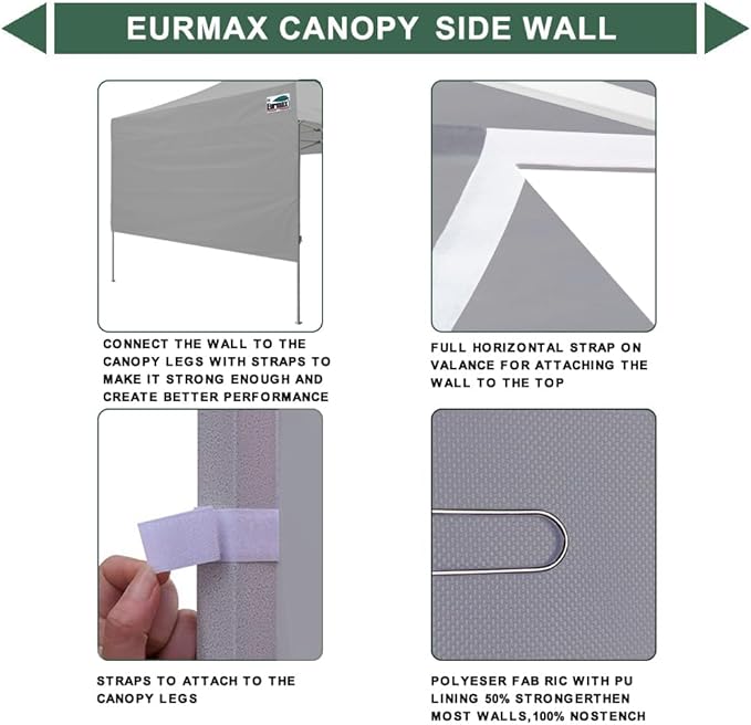 Eurmax USA 10ft Instant Canopy SunWall Canopy Tent Sidewall for Pop Up Canopy Tent,1 Pack Removable Sidewall Only(Grey)