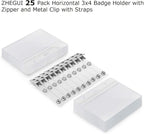 Clear Plastic Horizontal Name Tag Holders and Metal Badge Clips with Vinyl Straps Waterproof PVC ID Card Badge Holder 3x4 Inch(25 Pack, Horizontal Large 3x4)