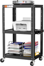 3 Shelf Metal Utility Cart - Durable Computer Cart on Wheels with Power Strip,Height Adjustable AV Presentation Cart Stand for Movie Projector,TV and Laptop Computers,Easy to Assemble, Black