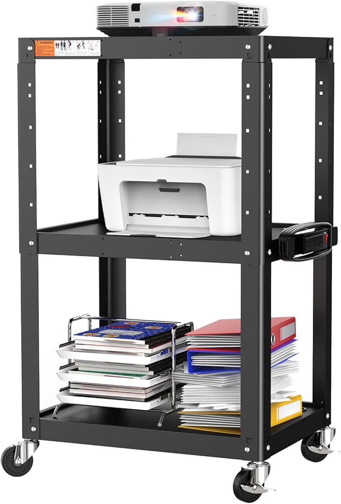 3 Shelf Metal Utility Cart - Durable Computer Cart on Wheels with Power Strip,Height Adjustable AV Presentation Cart Stand for Movie Projector,TV and Laptop Computers,Easy to Assemble, Black