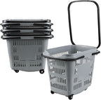 Kekow 50 L Large Plastic Shopping Basket with Wheels, 4 Pack Plastic Rolling Shopping Basket with Wheels and Handle, Gray