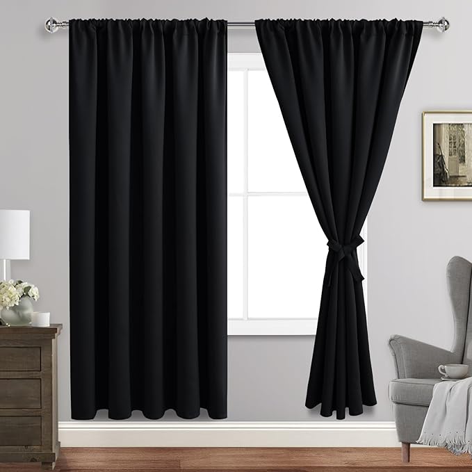 JIUZHEN Blackout Curtains for Bedroom - 60 Inch Extra Wide Thermal Insulated Room Darkening Privacy Soundproof Curtains for Living Room/Dorm Room, Set of 2 Panels, 60 x 72 inches, Black
