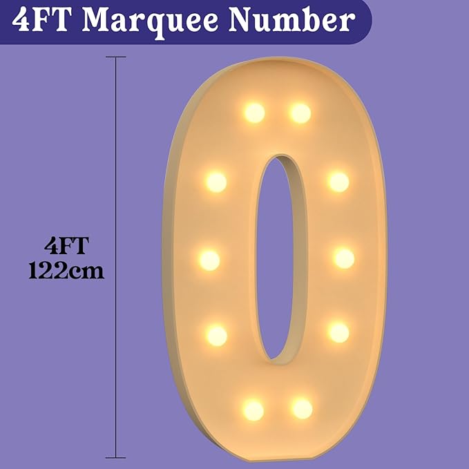 4FT Light Up Numbers, Large Marquee Numbers 0 for 10th 30th Birthday Decorations for Boy Girl, Giant Light Up Numbers for Party Anniversary, Marquee Letters Pre-Cut Mosaic Numbers for Balloons