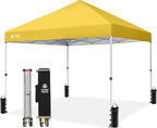 CROWN SHADES 8x8 Pop Up Canopy - Beach Tent with One Push Setup - Easy Outdoor Sun Shade for Events, Parties, Camping - Gazebo with STO-N-Go Cover Bag, Silver Coated Top, Yellow