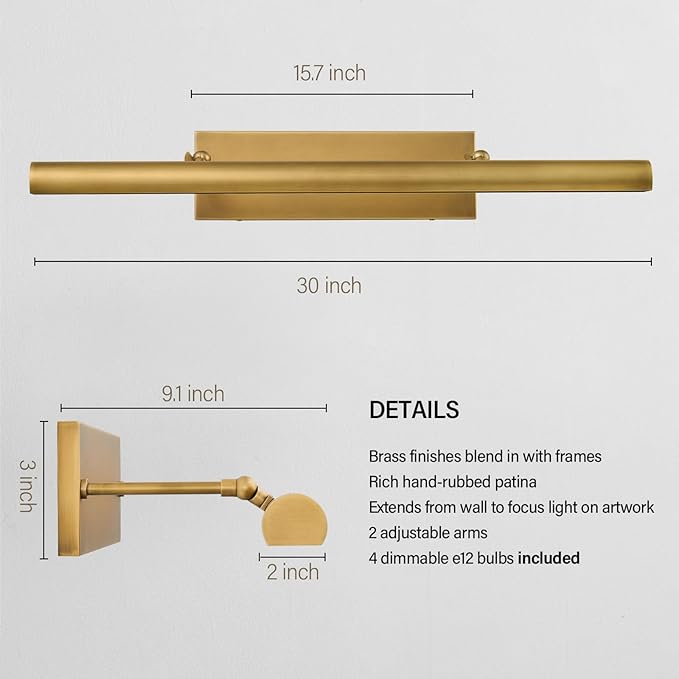Brass Picture Light for Wall: 30" Hardwired Swing Arm Vintage Brushed Long Art Lighting over Pictures Frame - Decorative Gallery Portrait Painting Display Accent Light for Museum Artwork Bulb Included
