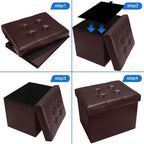 2PC Storage Ottoman, Folding Foot Stool with Thicker Foam Padded Seat Small Leather Storage Ottoman Bench Foot Rest for Living Room Foldable Coffee Table 17x13x13in,Brown
