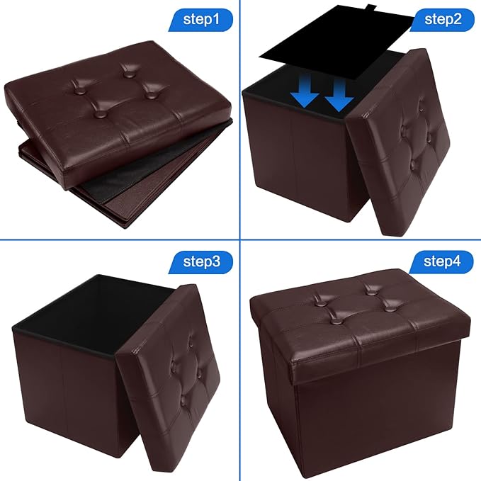 2PC Storage Ottoman, Folding Foot Stool with Thicker Foam Padded Seat Small Leather Storage Ottoman Bench Foot Rest for Living Room Foldable Coffee Table 17x13x13in,Brown