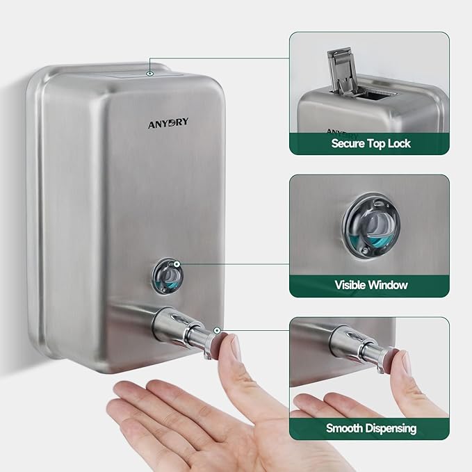 Commercial-Grade Manual Soap Dispenser, Durable Brushed Stainless Steel Finish, 37oz (1100ml) Liquid, Wall-Mounted for Bathroom & Kitchen