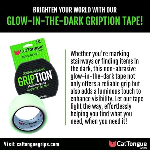 CATTONGUE GRIPS Non-Abrasive Grip Tape Wrap - 2” Thick Heavy-Duty, Waterproof Anti-Slip Tape for Wrapping Tools, Bats, Gym Equipment - Indoor & Outdoor Anti-Slip Solution (Glow in The Dark, 2-Pack)