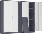 Greenvelly Metal Garage Storage Cabinet, Tall Steel Storage Cabinets with 2 Doors and 4 Adjustable Shelves, Metal Tool Cabinets, Locking File Cabinet for Home Office, Garage, School (Gray White)