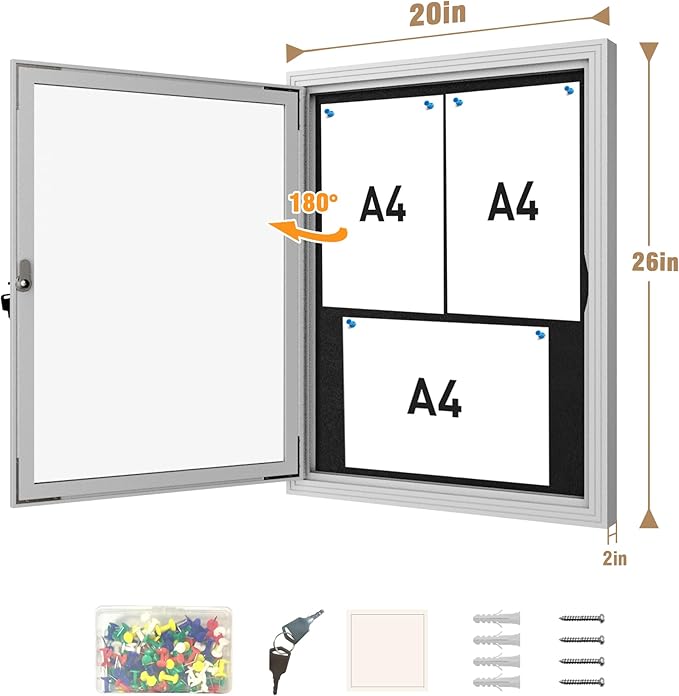 Mifuro 26"x20" Enclosed Bulletin Board, Outdoor Lockable Weather-Resistant Aluminum Cork Noticeboard for School & Office, Silver Frame w/Black Flet