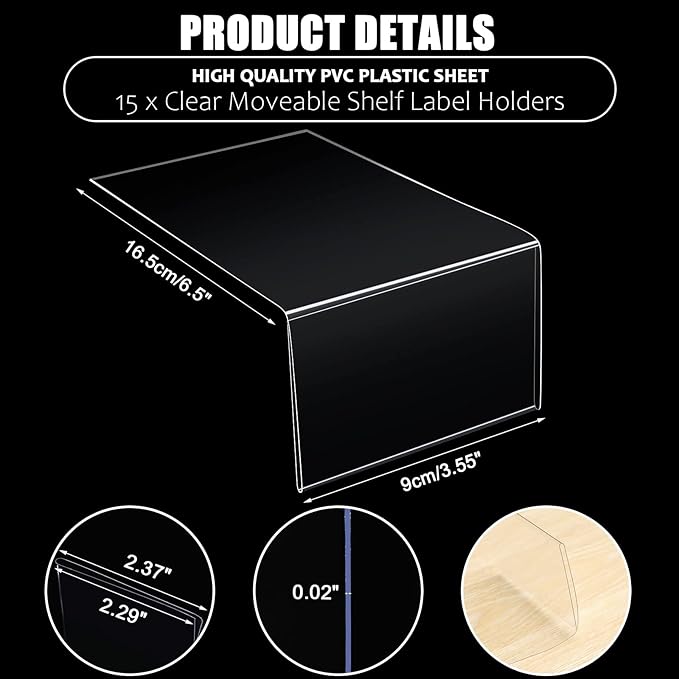 Containlol 15 Pieces Moveable Shelf Label Holders Clear Shelves Tags Moveable Library Markers Transparent Shelf Label Display Holder for Classroom Office Library Book Shelves(6.5 x 3.54 x 2.36 Inch)