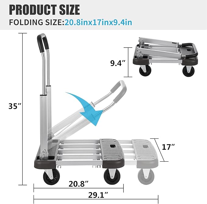 Foldable Platform Cart 29" x 17" x 35" Aluminum Platform Truck 330lbs Capacity Folding Push Cart Adjustable Heavy Duty Platform Cart Dolly for Car House Office Luggage Moving