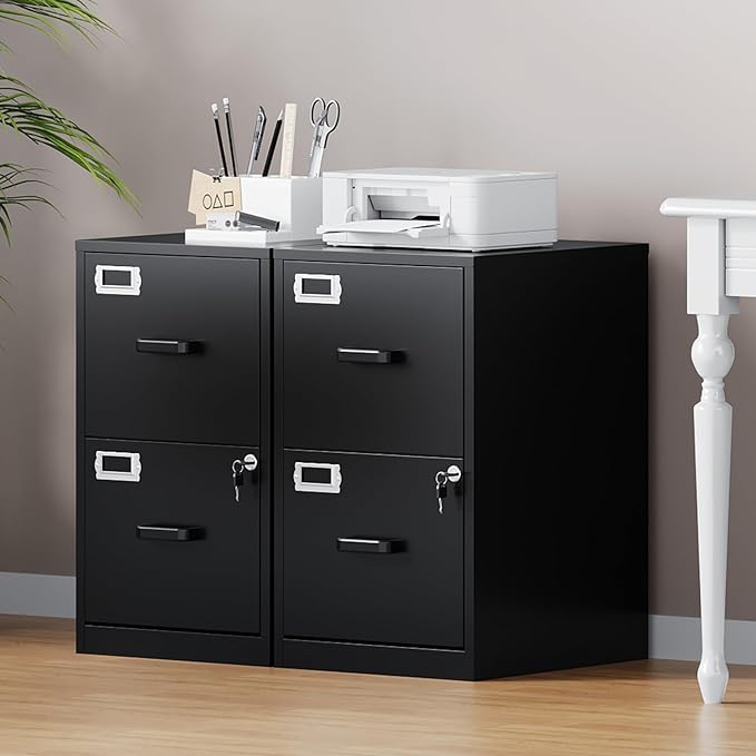 2 Drawer File Cabinet with Lock, Metal Filing Cabinets for Home Office, Vertical Black Small Caninet for Home Office, Steel Narrow Two Drawer File Cabnet for Letter/File Box- Assembly Required