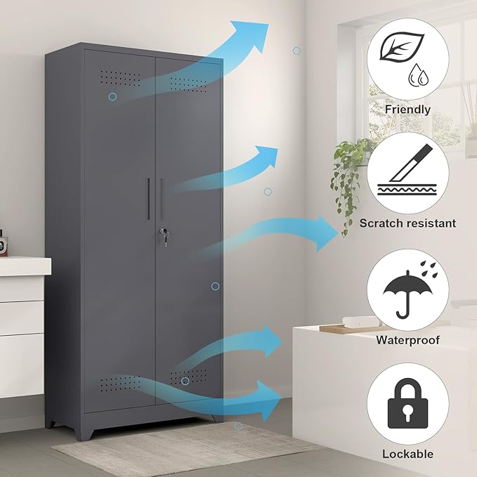 GREATMEET 72.8" H Utility Closet, Broom Closet Storage Cabinet with Adjustable Shelves and Pegboard, Utility Cabinet for Brooms and Mops, Grey