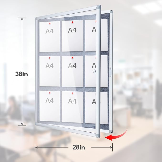 Enclosed Bulletin Board 38x28 Inch Outdoor Notice Board Tamper-Proof Flannel Lockable Display Cases with Aluminum Frame, All Weather Pinboard for Hospital, Restaurant Kitchen, Office