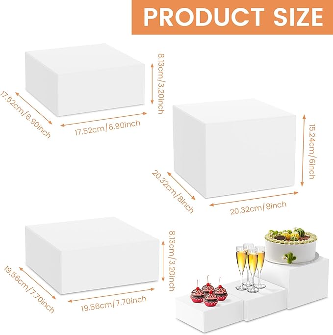 White Acrylic Buffet Risers 3PCS, Food Risers for Buffet Table, Food Display Stands for Party Catering Dessert Collectibles, Cube Boxes Display(Size 6.9", 7.7", 8")