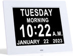 TMC 8 Inch Digital Dementia Clock for Seniors – Large Auto-Dimming Display with Date & Time, Multi-Language Calendar, 5 Alarms + Medicine Reminders – Wall or Desk Mount, Built-in Stand (White, SD)