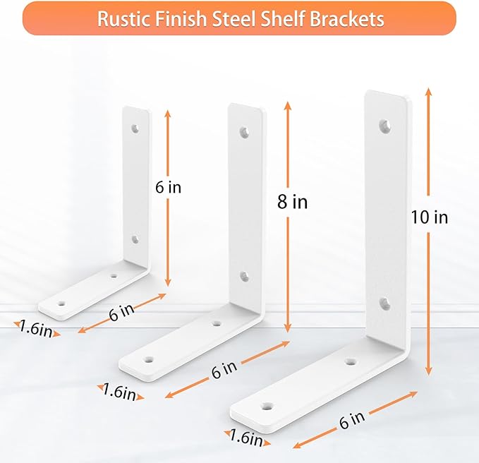 White Heavy Duty Shelf Brackets 6 Inch, Rustic Gold Iron L Shelf Bracket, Industrial Modern Metal Floating Shelf with Hardware for DIY Open Shelving, 4 Pack