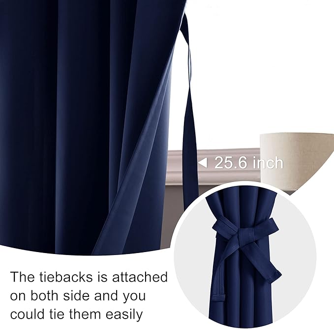 JIUZHEN Blackout Curtains for Bedroom - Thermal Insulated Room Darkening Rod Pocket Curtains for Living Room, Set of 2 Panels with Tiebacks, 42 x 84 Inch Length, Navy Blue