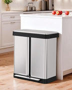 Arlopu 16 Gallon Dual Trash Can, 60L(2x30L) Stainless Steel Kitchen Garbage Can, Step-on Classified Recycle Garbage Bin with Removable Inner Buckets, for Kitchen, Living Room, Office (Silver)