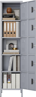 Aobabo 16" W 5 Door Metal Storage Locker with Lock, 66" H Steel Locker with Name Card Holder and Metal Leg for School, Home, Office, Playroom, Assembly Required, Dark Grey