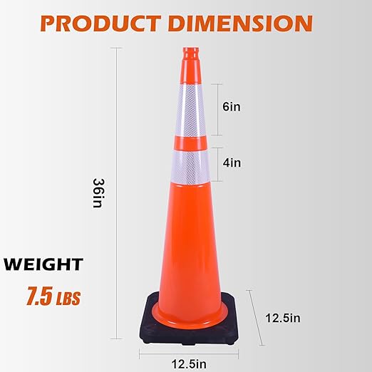 8 Pack 36 Inch Orange Reflective Traffic Cones, Large Black Base Safety Cones for Highway Construction, Crowd Control and Night Visibility (8, Orange, 36 Inch)