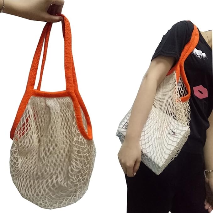 Portable Reusable Mesh Cotton Net String Bag Organizer Shopping Tote Handbag Fruit Storage Shopper NEW (Beige02)