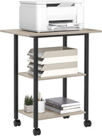 Lerliuo 3-Tier Printer Stand, Industrial Mobile Printer Table with Storage Shelf and Steel Frame, Rolling Printer Cart Holder with Lockable Wheels for Home, Office (Oak)