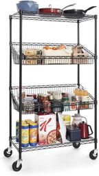 CAPHAUS NSF Commercial Heavy Duty 4 Tier Wire Shelving with Two Trapezoid Baskets, Wheels, Leveling Feet, Black Storage Shelf for Basement Garage and Utility Storage