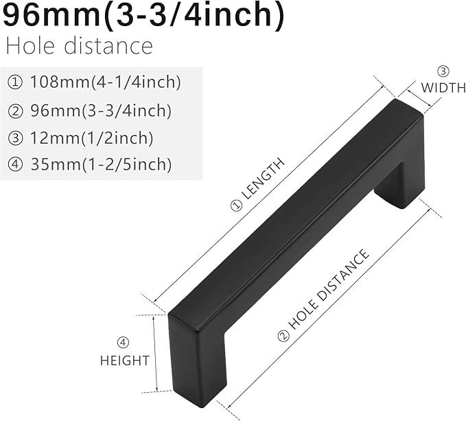 Cabinet Pulls Matte Black Cabinet Handles Square Drawer Pulls, 30 Pack 3-3/4 Inch Stainless Steel Kitchen Door Cupboard Cabinet Handles, Black Drawer Hardware Handles, 96mm Hole Centers