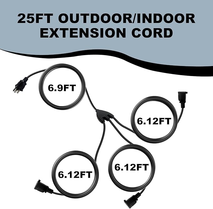 Black 25FT Outdoor Extension Cord,Evenly Spaced 3 Outlets Plugs,16/3 SJTW Wire with Safety Cover for Outdoor String Lights, Landscaping Light, Holiday Decoration and Christmas,UL Listed