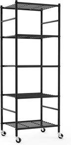 Storage Shelves Organizer - 5 Tier Metal Shelf Organizer with Metal Wheels and Adjustable Leveling Feet, Heavy Duty Garage Shelving for Kitchen, Pantry and Closet, 18.1"x12.6"x58.7", Black
