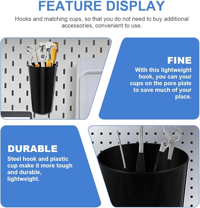 4 Sets Pegboard Hooks and Pegboard Cup Holders Kit with 8Cm Diameter Compatible with 500Ml Cups Multipurpose Workshop and Craft Room Organizer