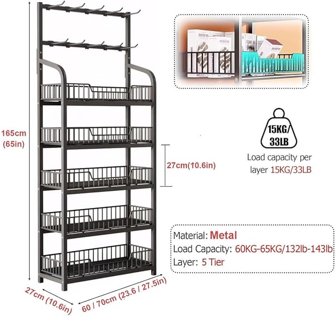 5 Tier Snack Rack Display Stand, Black Chip Rack Display Stand, Candy Display Rack with Hooks, Metal Retail Display Shelves for Store, Kitchen and Office