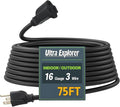 75 Ft Indoor Outdoor Black Extension Cord, 16/3 SJTW Heavy Duty Water-Resistant, 3 Prong Grounded Plug Power Cord for Home Appliance, Lights and Lawn, 13A 1625W, UL Listed