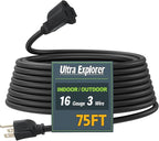 75 Ft Indoor Outdoor Black Extension Cord, 16/3 SJTW Heavy Duty Water-Resistant, 3 Prong Grounded Plug Power Cord for Home Appliance, Lights and Lawn, 13A 1625W, UL Listed
