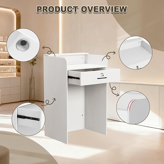 Small Reception Desk with Counter LED Light, Modern Front Desk with Lockable Drawer, White Retail Checkout Counter for Clothing Store Lobby Beauty Salon (White, 37.8x23.6x15.7in)
